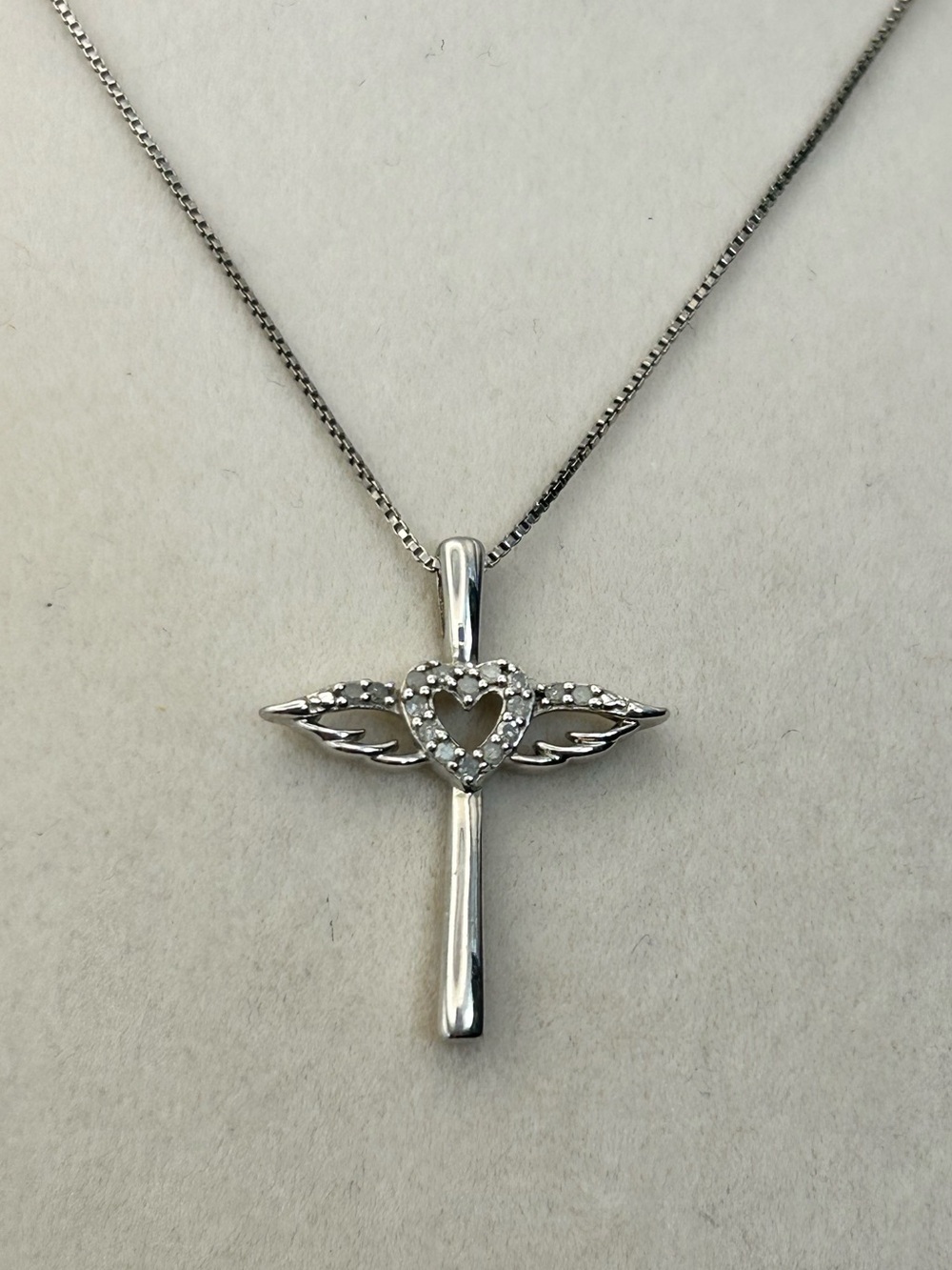 Sterling Silver Heart of an Angel Necklace 18" Stamped 925 Crystals